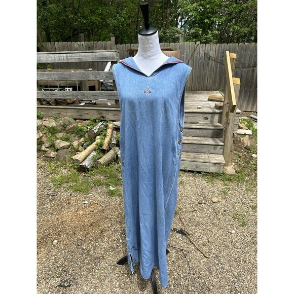 Vintage Mountain Lake PXL Denim Maxi Sailor Dress Embroidered Anchor And Stars - Picture 2 of 6